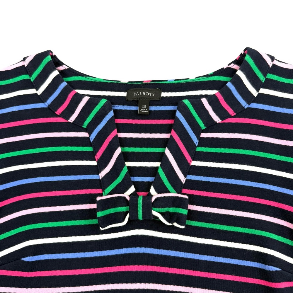 Talbots Cotton Shirt Dress Colorful Striped Dress Short Sleeve Bow V-neck - Picture 3 of 6